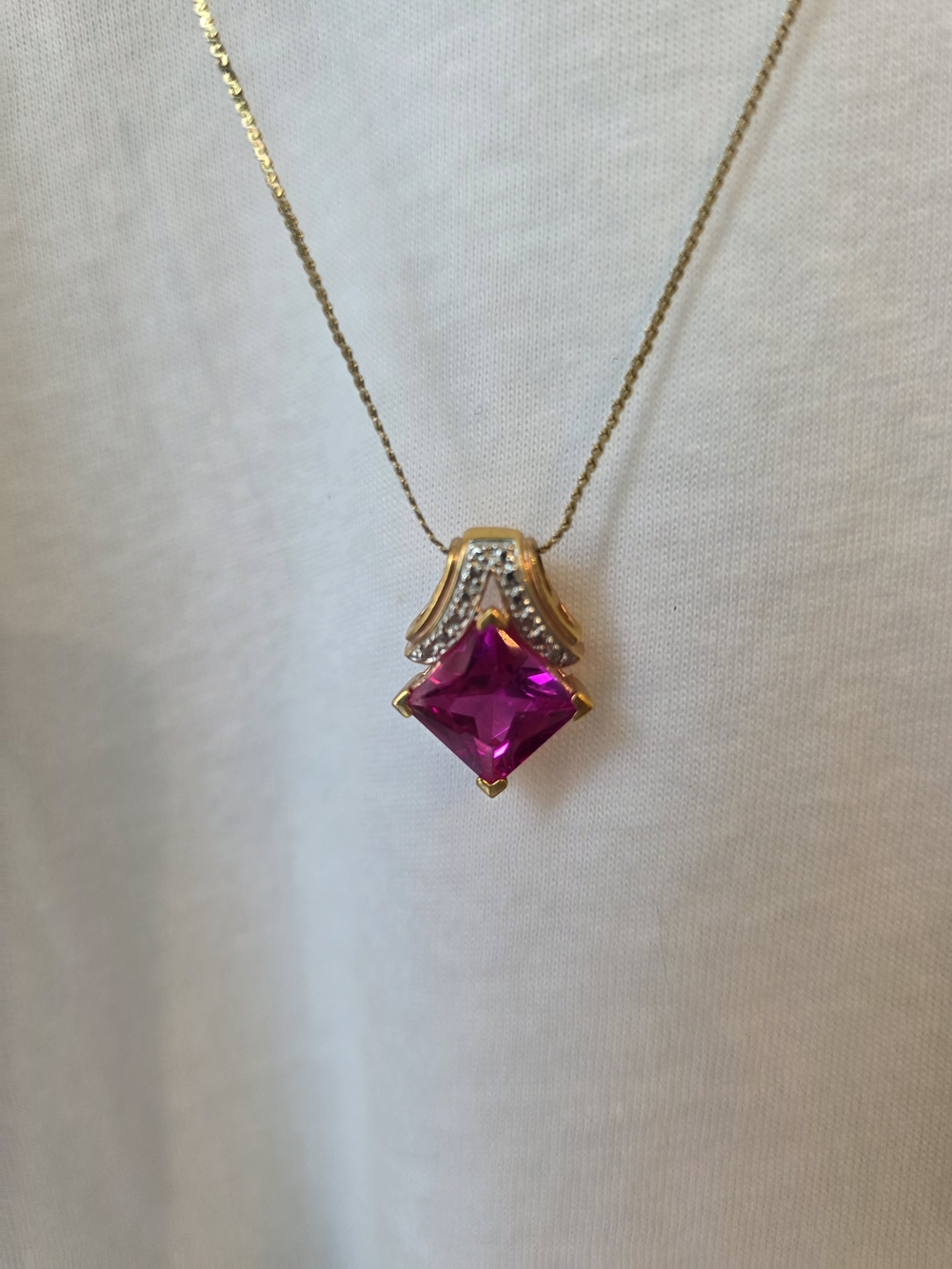 Gold-Plated Pink Square Pendant Necklace with Crystal Accents #14